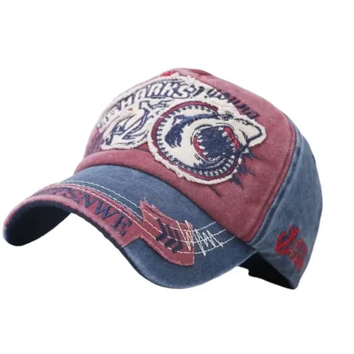 Chapeau Baseball en jean réglable confortable 39BB, broderie requin