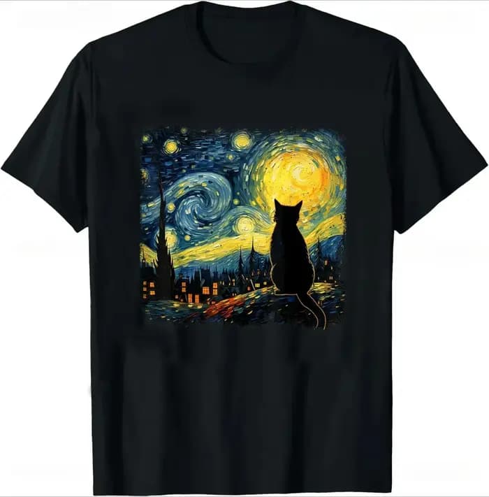 T-shirt pour femme motif Chat Nuit étoilée Van Gogh