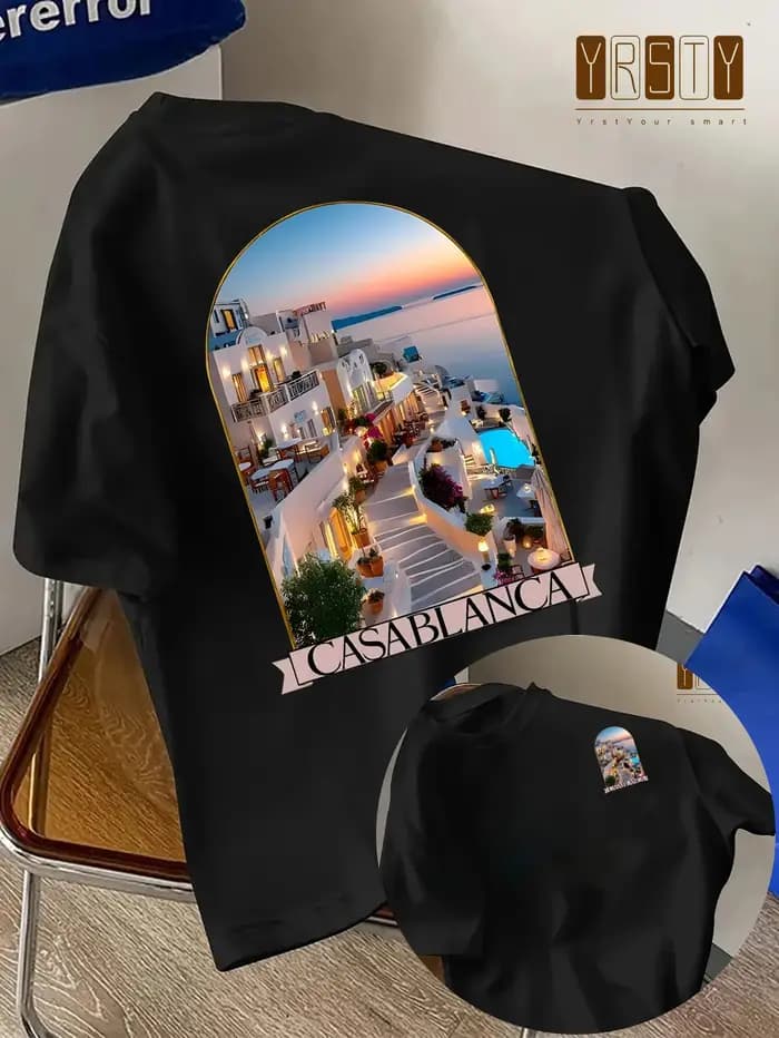 Nouveau T-shirt d'été tendance pour homme avec motif paysage côtier grec, coupe ample confortable, 1