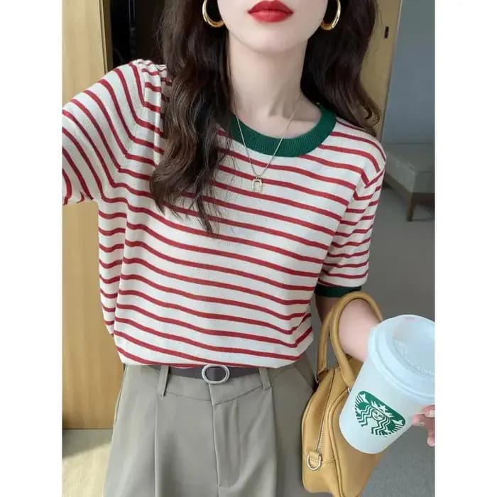 2025 hauts à rayures femmes tricoté col rond été imprimé à manches courtes décontracté Simple sauvage T-Shirt