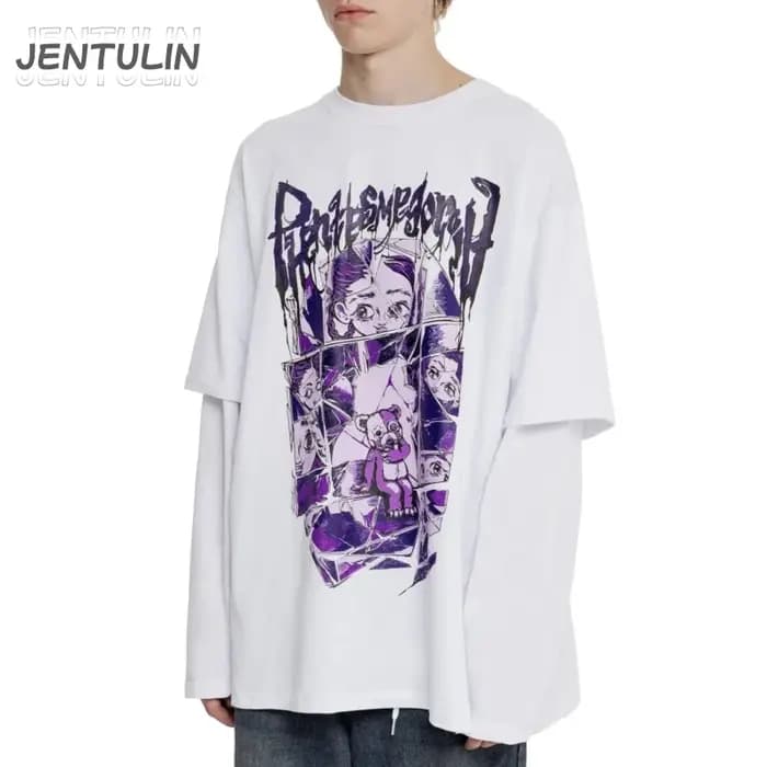 Harajuku surdimensionné Streetwear hommes t-shirt phantasmagoria imprimé graphique Hip Hop vêtements faux deux pièces à manches longues hauts Goth Y2k