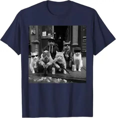 Drôle Gangster Cats Street Y2k Design T-Shirt Humoristique Kitty Gang Graphique Tenue Chat Papa Maman Nouveauté Cadeau Mode Disant Tee Top