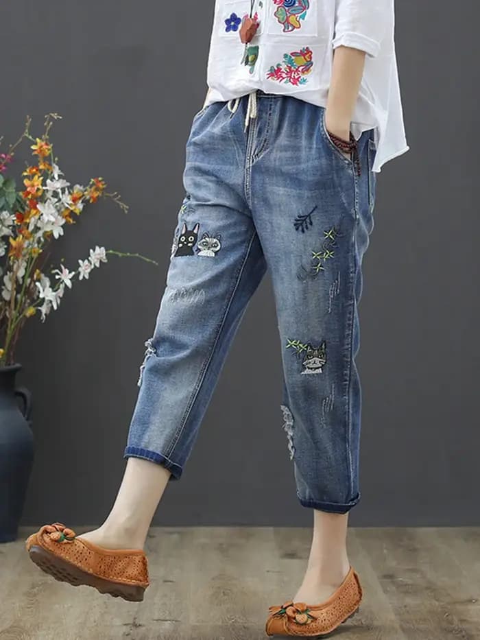 Amax luluE 2025 mode été Streetwear Denim pantalon dames Vintage élastique jean femmes décontracté ample broderie sarouel