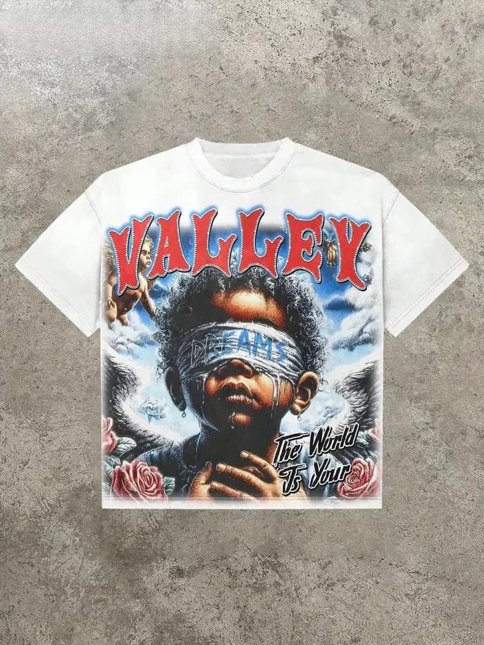 Valley & Dreams T-shirt rétro style sombre Y2k Streetwear tendance en coton avec motif pour hommes e