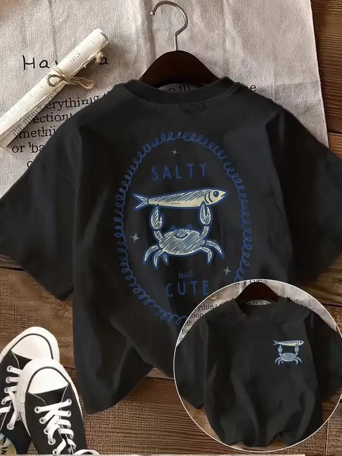 T-shirt à manches courtes pour femme avec motif de crabe et de poisson salés mais mignons