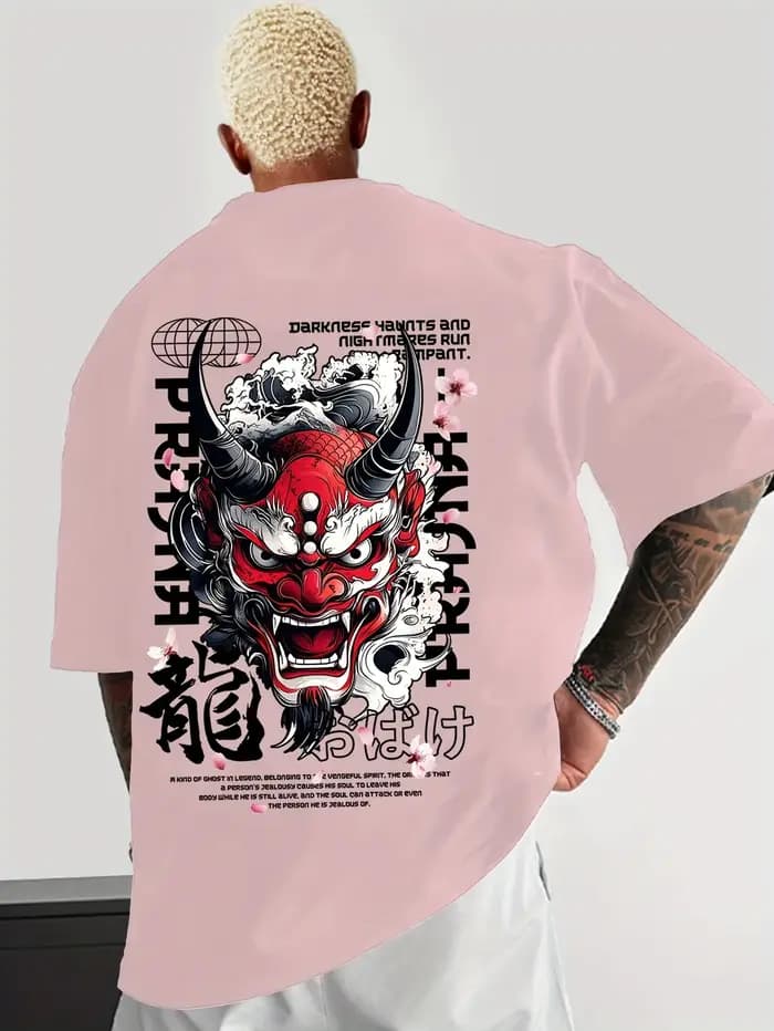 T-shirt rouge avec impression de Hannya Oni Dragon Sakura Kanji au dos