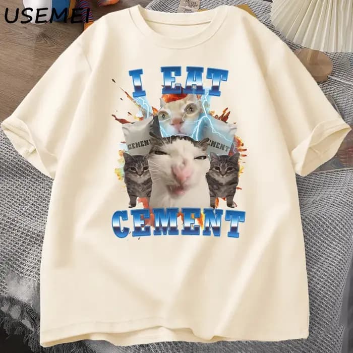 Je mange du ciment drôle chat Meme t-shirt coton à manches courtes stupides chats laides imprimé t-shirt décontracté col rond t-shirts graphiques t-shirts