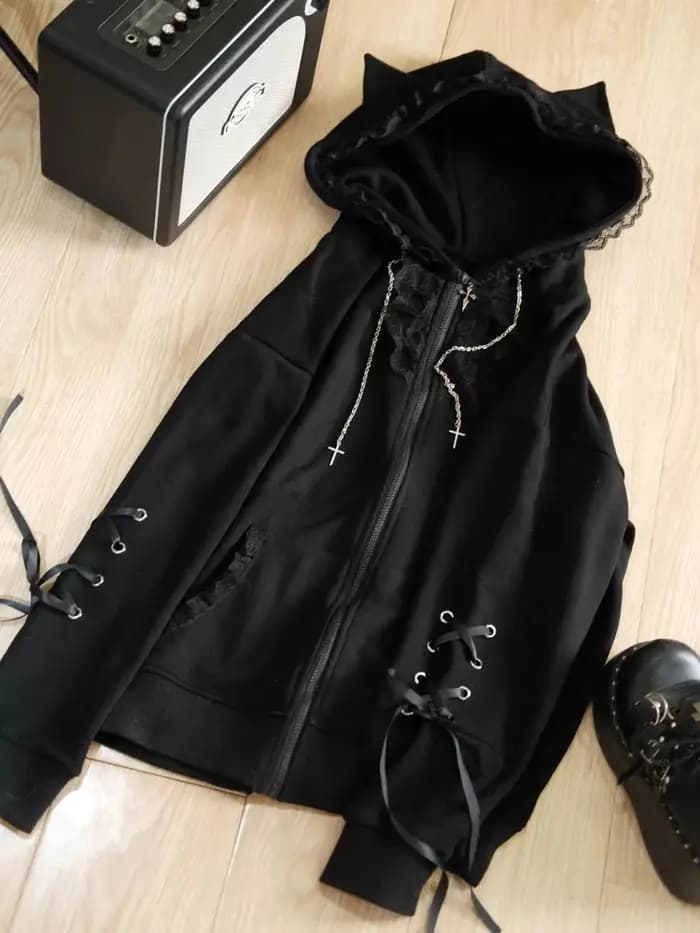 Sweat à capuche ample en dentelle noire pour femme