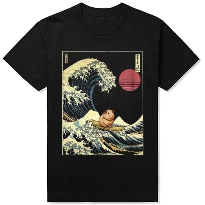 Japonais drôle cochon d'inde Kanagawa surf vague t-shirts coton Humor Streetwear t-shirt à manches c