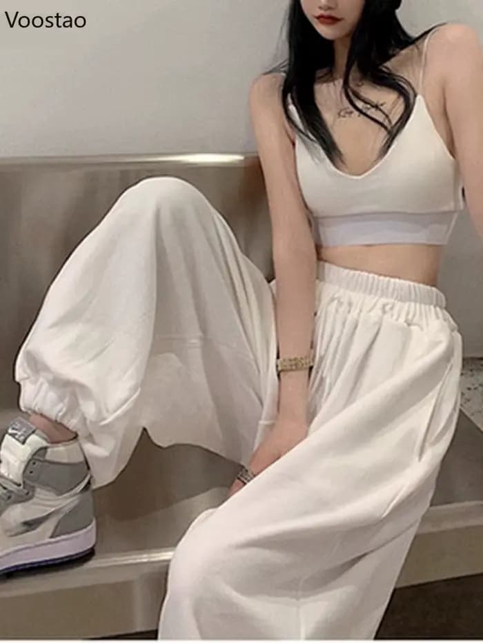 Femmes Chic blanc Jogging pantalons de survêtement mode coréenne
