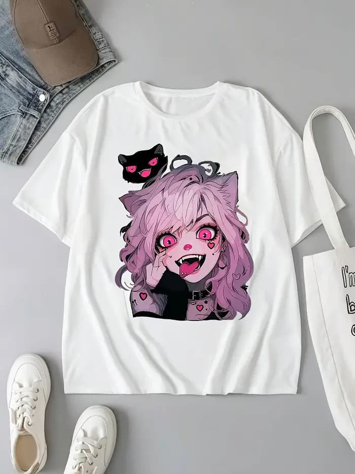 T-Shirt graphique chat mignon pour femmes, manches courtes, col rond, haut décontracté avec cheveux