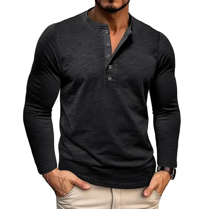 Nouveau automne T-Shirt à manches longues hommes décontracté dessus de couleur unie col Henley mince polyvalent travail