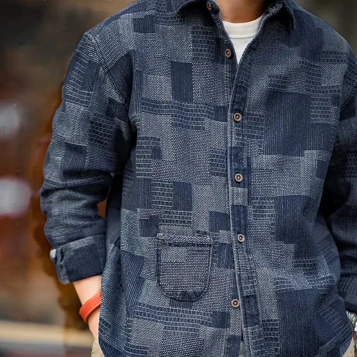 Maden Chemises en Denim Rétro Boro avec Col en Lapel et Design Patchwork Chemise à Manches Longues pour Tops d'Automne et de Printemps pour Hommes