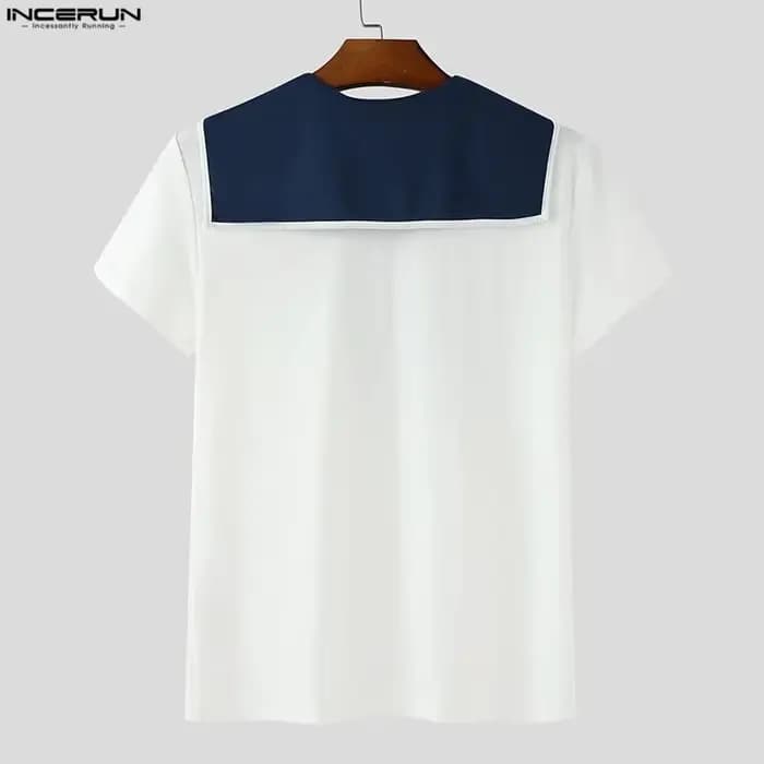 INCERUN hommes t-shirt Patchwork été col marine à manches courtes hommes t-shirt hauts Streetwear 20