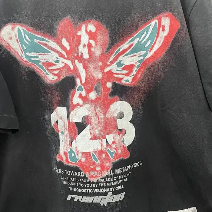 T-shirt en coton épais lavé avec logo imprimé lettres noires RRR-123