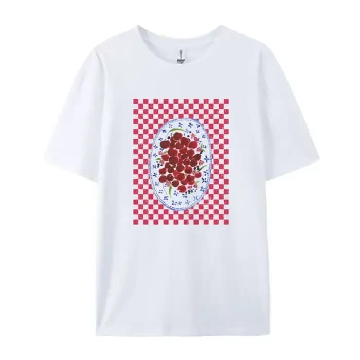 Trendy Female Retro Aesthetic Cherry Print T-shirt Summer Ins Cute Fruit Cotton Loose Women Fashion
