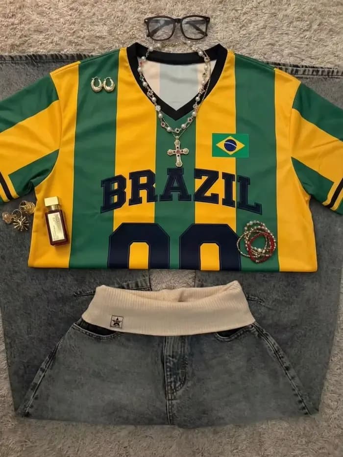 T-shirt ample à rayures vertes et jaunes style Y2K Brésilien