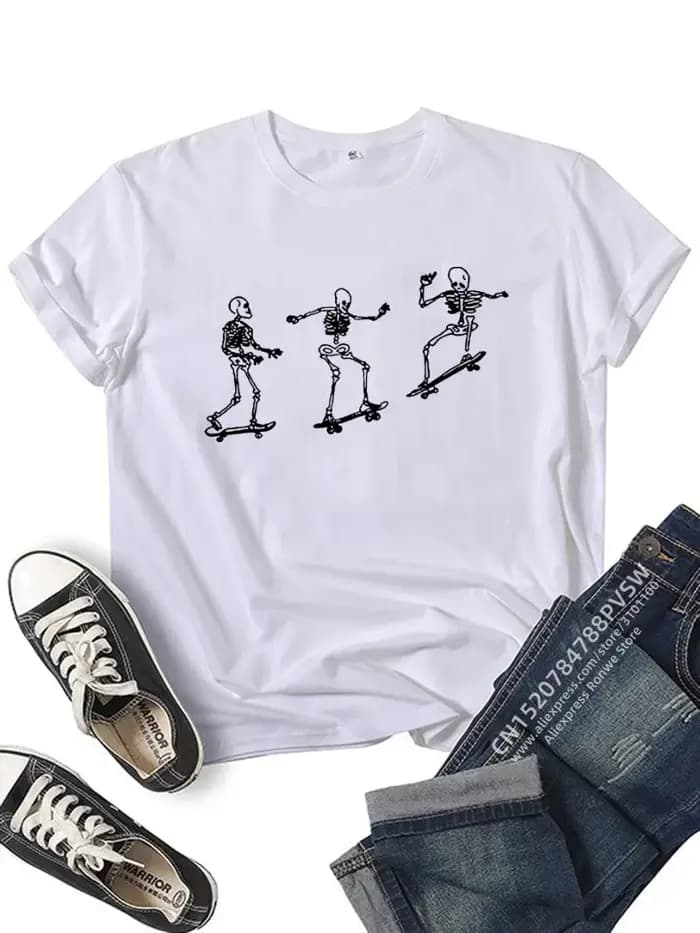 T-shirt à manches courtes Skull Skateboard pour femmes et filles