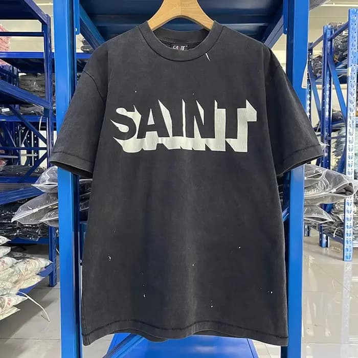 Poche SAINT Logo t-shirts hommes femme Vintage ample lavé à manches courtes noir col rond Streetwear bonne qualité haut