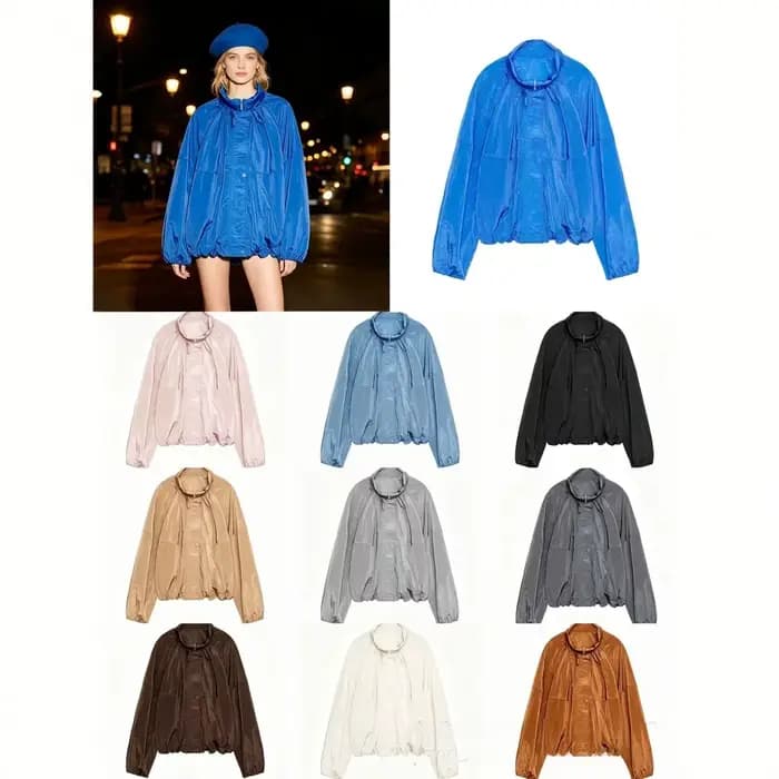 Veste en nylon plissée à col montant et manches longues couleur macaron pour femme – Nouvelle collection estivale