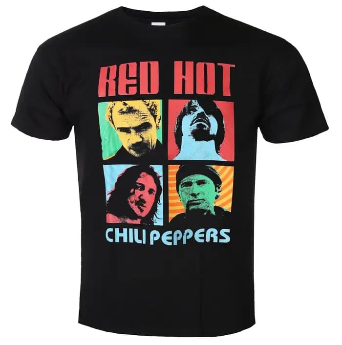T-shirt graphique du groupe Red Hot Chili Peppers avec lettres rouges circulaires vieillies et étoile à huit branches blanche rayée