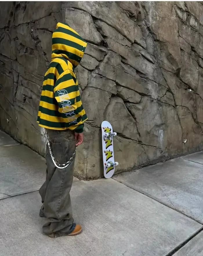 Sweat-shirt à capuche zippé rayé jaune et vert pour homme