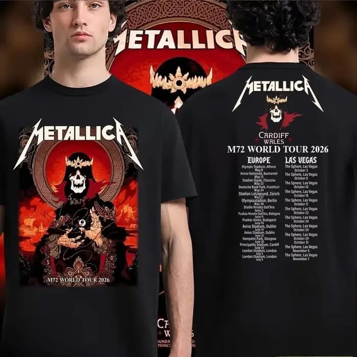 Meilleure vente T-shirt Metallica M72 World Tour 2026 Cardiff pour hommes et femmes, vêtements d'été en coton, mode courte