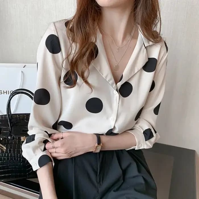 Chemise femme à pois élégant revers boutonné Blouse à manches longues été hauts Vintage décontracté