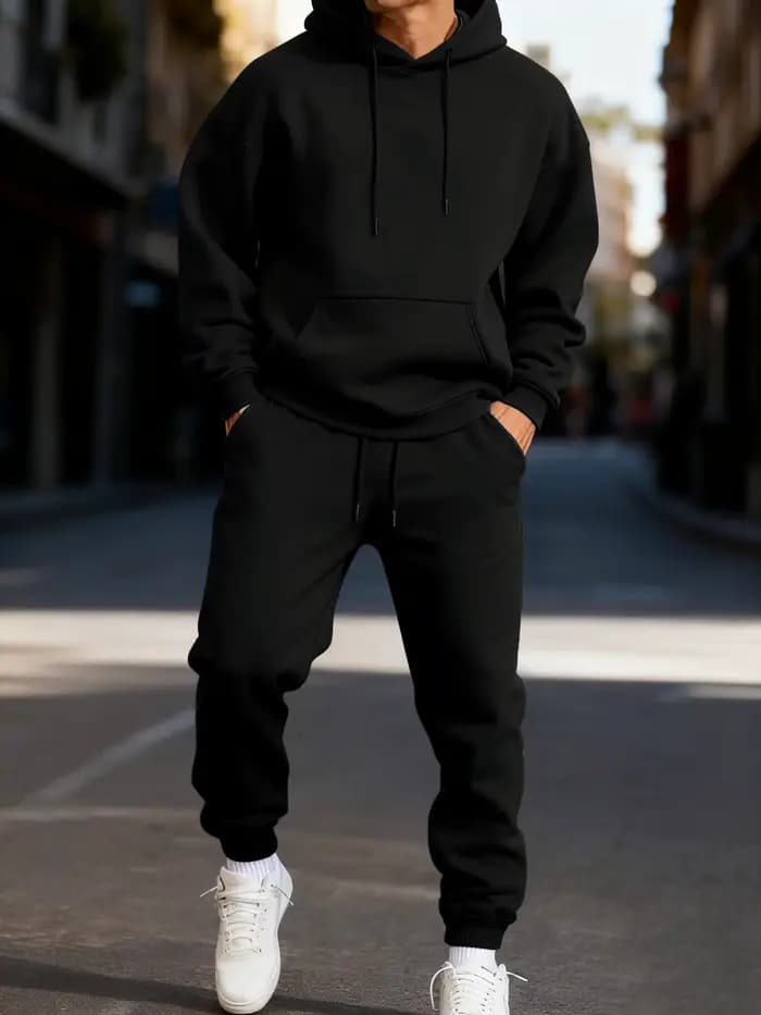 Homme sweat à capuche ensemble hiver couleur unie deux pièces ensembles longue longueur vêtements de rue sport