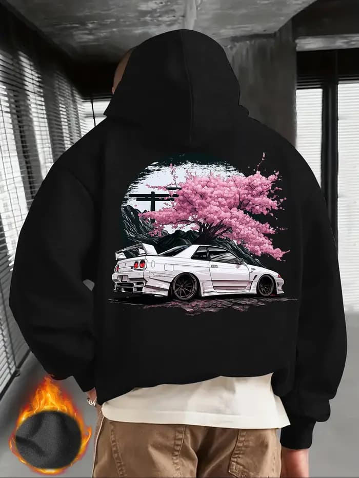 Sweat à capuche noir pour hommes avec voiture JDM blanche et imprimé dos de fleur de cerisier rose,