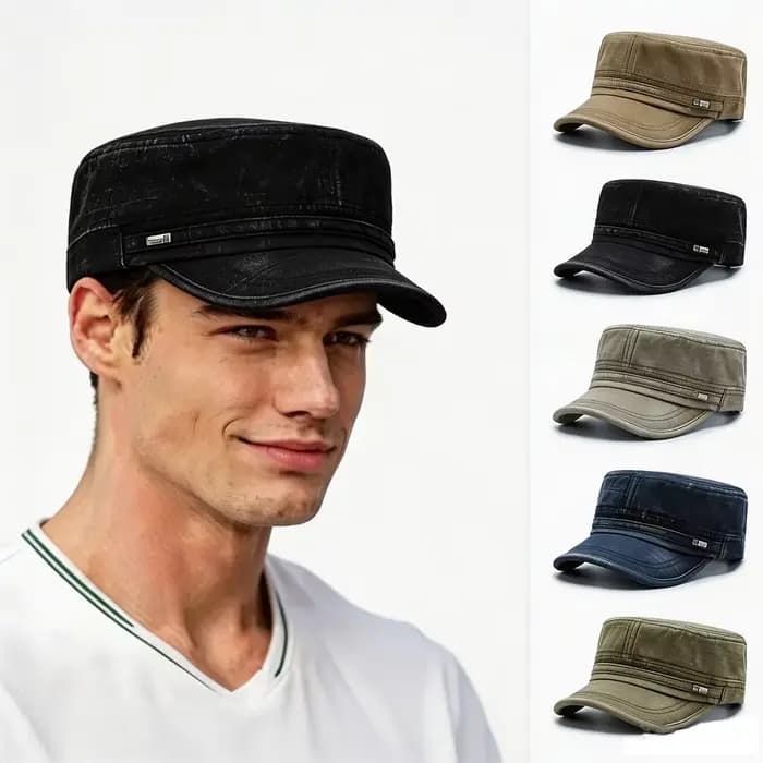 Casquette Militaire Unisexe en Coton Lavé à Visière Plate