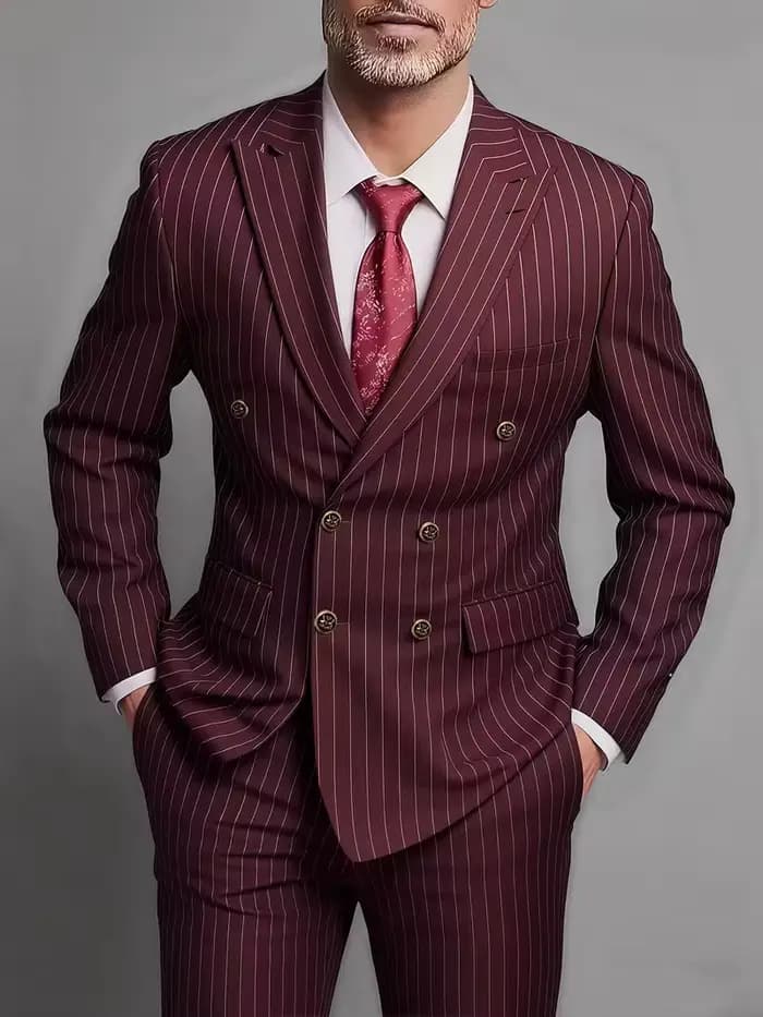 Costume Homme Deux Pièces Croisé Tendance et Ajusté pour Mariage ou Tenue Décontractée en Tissu Rayé