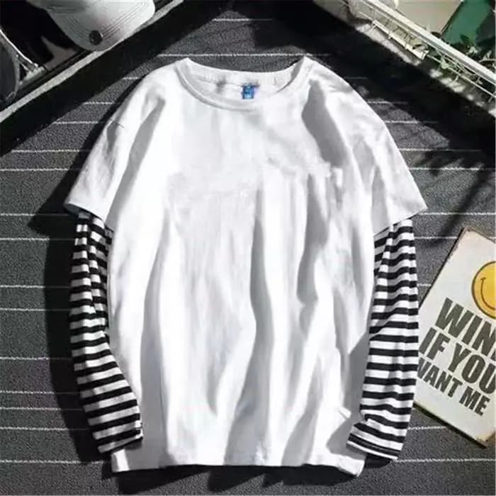 T-shirt rayé patchwork cool pour homme, hauts oversize d'automne, t-shirt uni à manches longues pour
