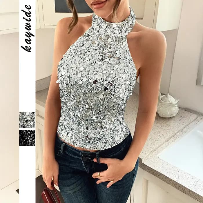 Haute qualité vente chaude en gros élégant col suspendu paillettes T-shirt femmes Sexy gilet vêtements