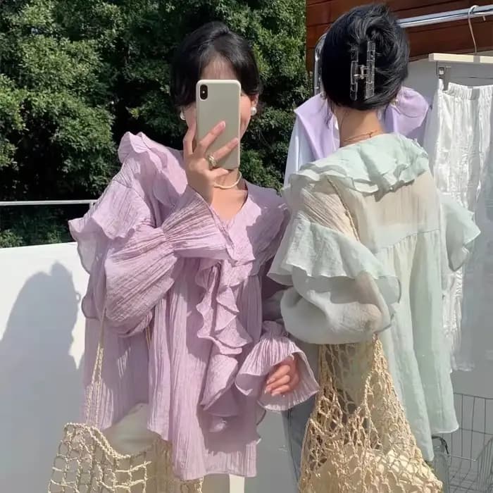 Xgoth à volants col en v manches à bulles Blouses femmes vêtements printemps/automne nouveau élégant minceur