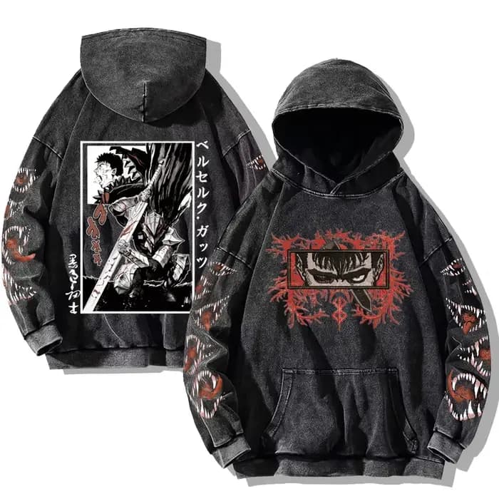 Hommes Berserk sweats à capuche imprimé gothique Vintage lavé