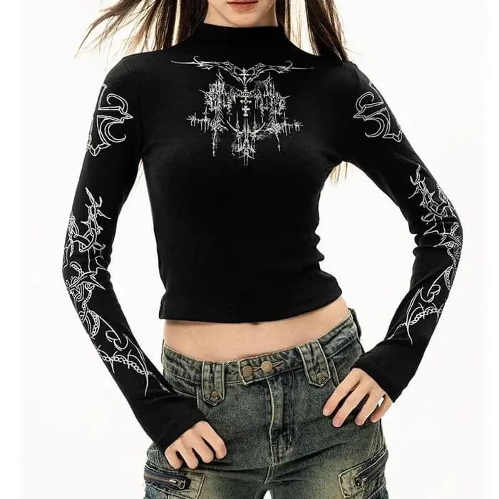 Grunge femmes T-Shirt Y2k esthétique col mi-haut t-shirts imprimé graphique à manches longues hauts