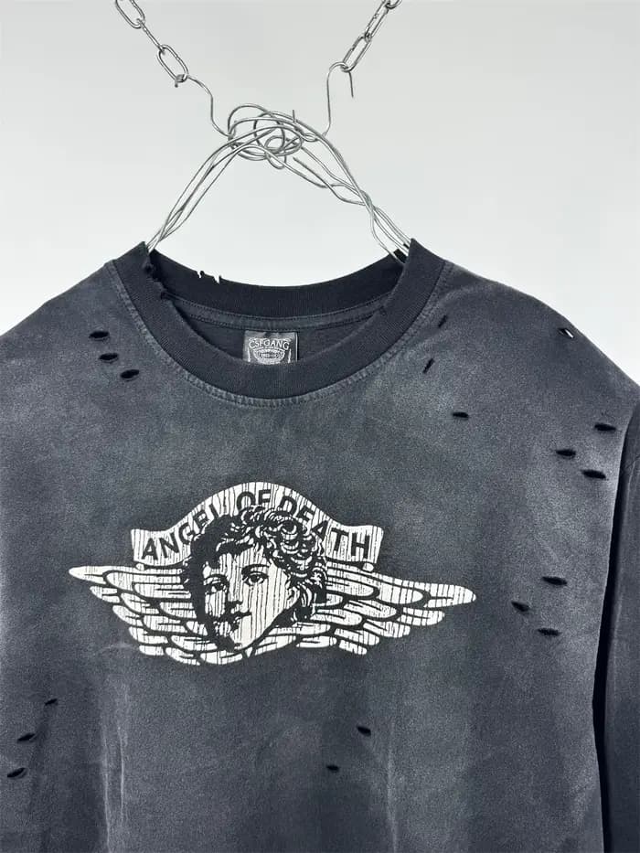Vintage petit ange trou Saint manches longues lavé t-shirt hommes femmes haute qualité t-shirt hauts T-Shirts