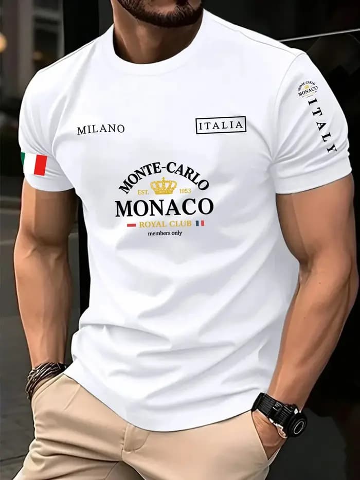 T-shirt d'été pour homme à imprimé 3D Lettre Monaco