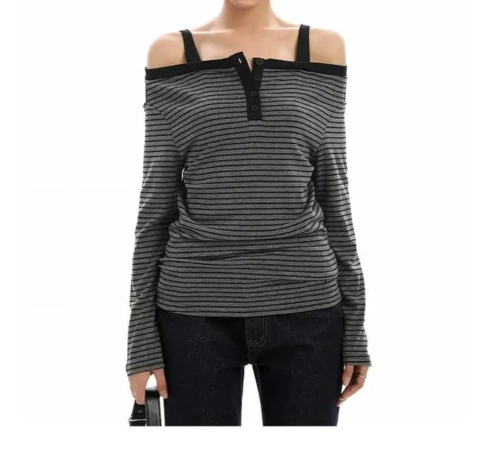 T-shirt rayé à une épaule et manches longues