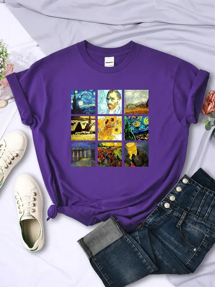 Van Gogh fonctionne Sanskrit imprimé femmes hauts respirant décontracté t-shirts mode été à manches courtes