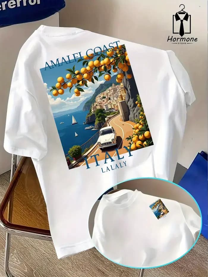 T-shirt ample pour homme, style italien, motif Côte Amalfi, été 2026, idéal pour un usage quotidien
