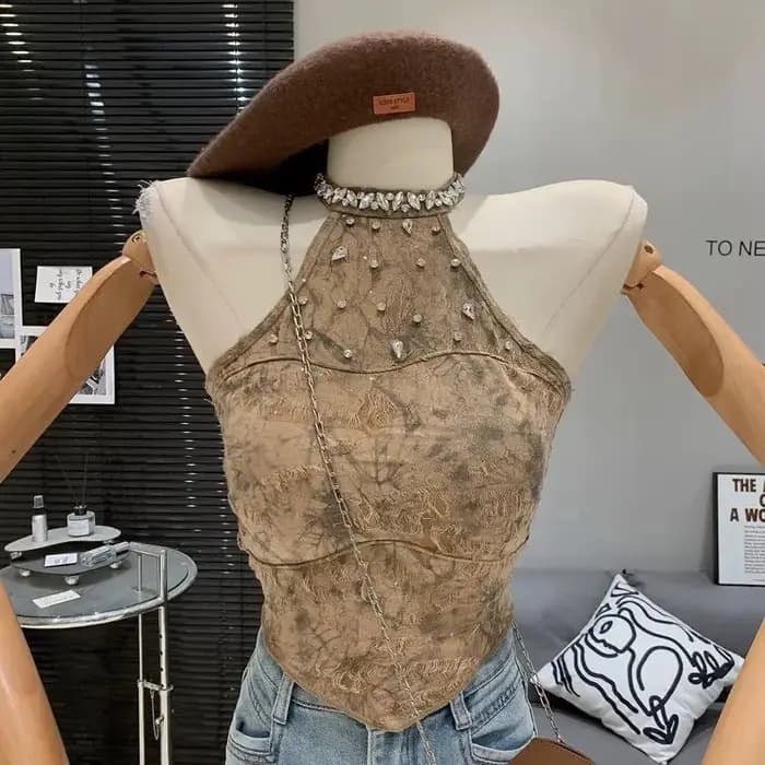 Matakawa Y2k vêtements dos nu t-shirt pour femmes imprimer printemps été Sexy Ropa De Mujer perles licou rétro débardeurs