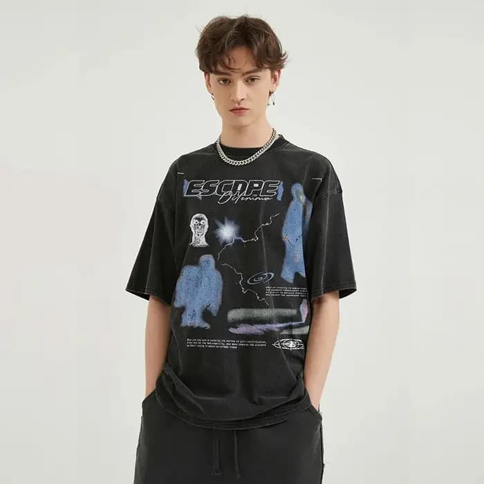 T-Shirt homme lavé noir Vintage Streetwear surdimensionné imprimé mode coréenne coton graphique évasion unisexe hauts t-shirts Y2K vêtements