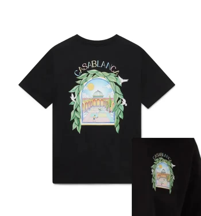 T-shirt graphique Blanca Tennis Court Arch en coton noir à manches courtes et col rond pour hommes et femmes