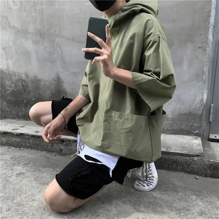 Techwear-T-Shirt à Capuche pour Homme, Pull Vintage, Multi-Poches, Cargo, à Manches Mi-Courtes, Veste