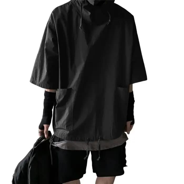 Techwear-T-Shirt à Capuche pour Homme, Pull Vintage, Multi-Poches, Cargo, à Manches Mi-Courtes, Veste