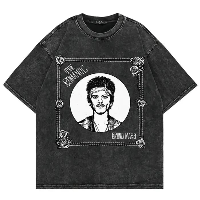 T-shirt 100% coton vintage lavé Bruno Mars The Romantic Tour 2026 Mode Homme/Femme Rétro Surdimensionné Décontracté