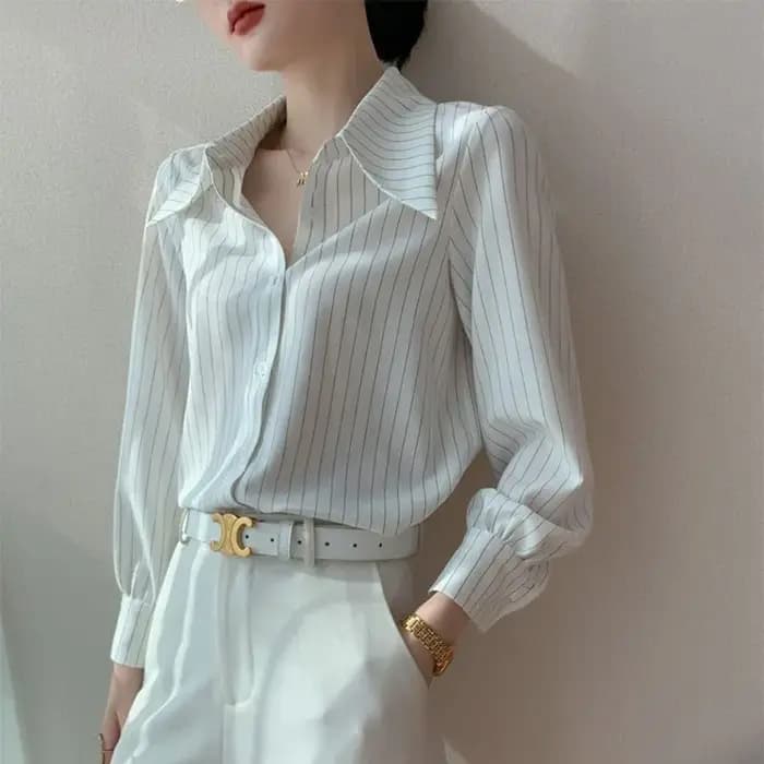 Chemise à manches longues à rayures blanches pour femmes, chemisiers de bureau pour dames, style vie