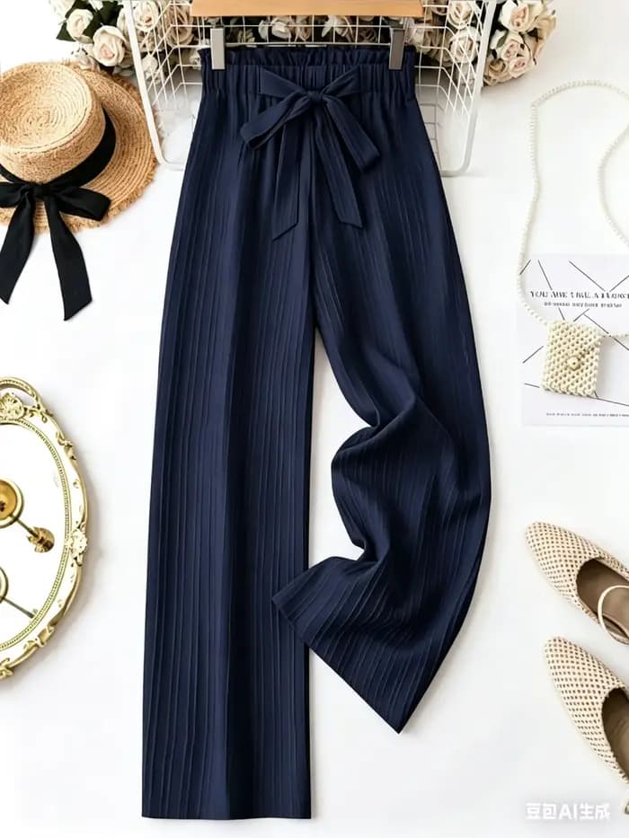 Pantalon large bleu marine pour femme, taille haute avec nœud, taille élastique, décontracté, été 20